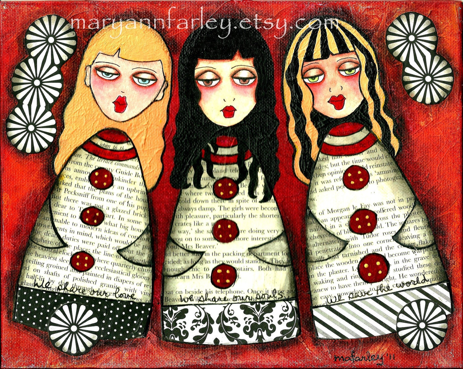 Whimsical Girls Art Print, 8 x 10, Whimsical Original Mixed Media Print, Red
