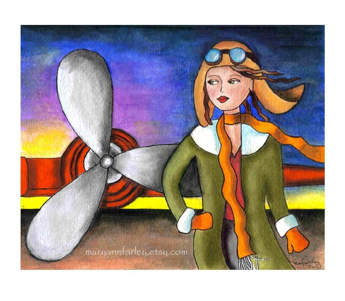 Female Aviator Art Print, Girl Art Print, Whimsical Art Deco, 1920s Aviation Art, Watercolor Mixed Media, 8 x 10, Green Blue