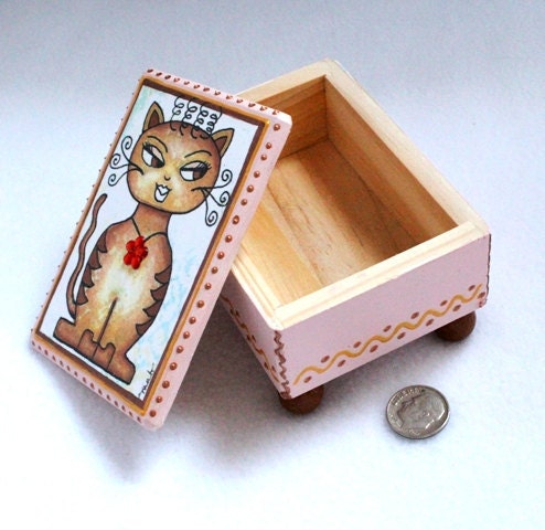 Jewelry Box, Cat Art Wood OOAK Decoupaged Wooden Trinket Box Ring Box Earring Holder Original Art Print Brown Pink