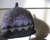 hand knit shades of purple hat in wool and silk