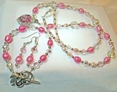 Three Piece Jewelry Set Heart Pendant, Pink Pearls, Crystal Beads Necklace, Bracelet and Earrings