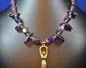 Brass Goddess Pendant with Dark Purple Amethyst Stone Beads with Gold Plated Beads Necklace OOAK Choker Vegan