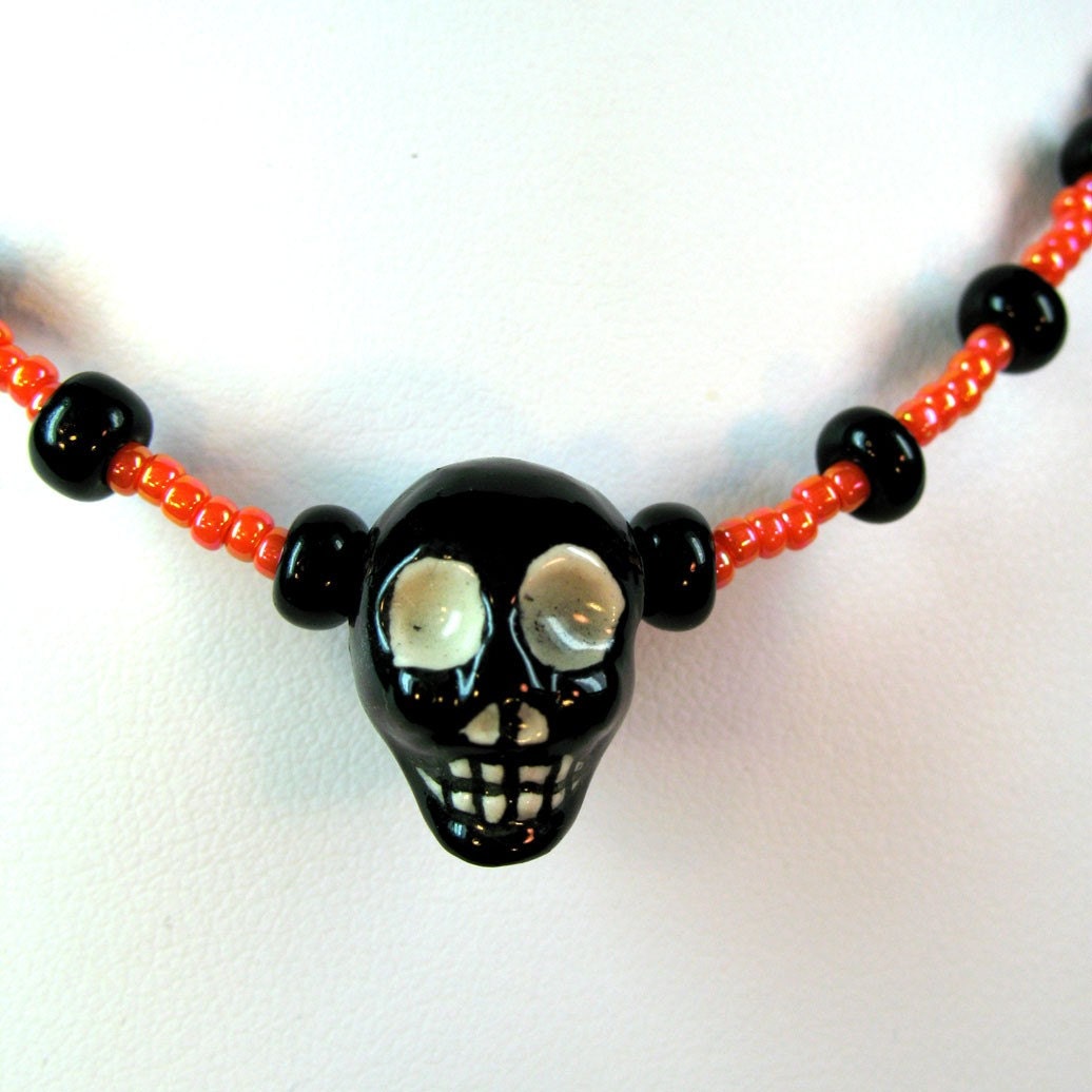 Skull on Orange and Black Beaded Halloween Choker 