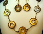 Stylish Brown Shell Circles Necklace and Earrings Set with Gold Plated Beads
