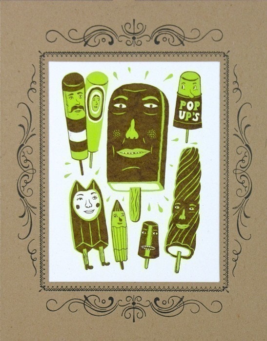 POPSCICLE, BROWN Cow and ROCKETPOP Ice Cream People in a Letterpress Vignette Mat