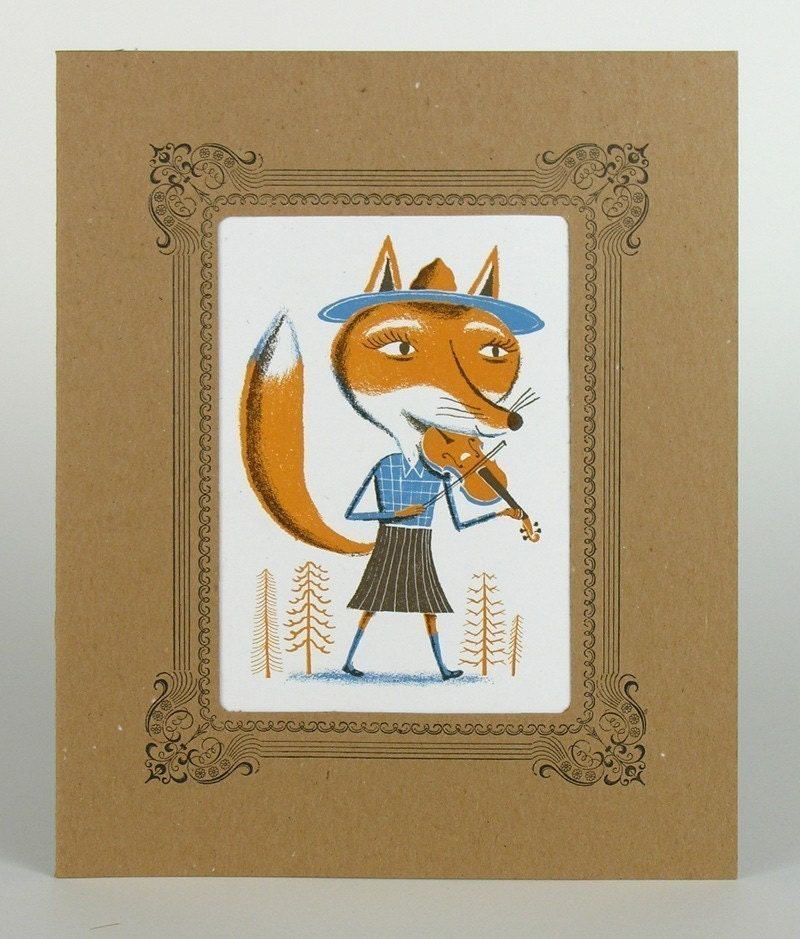 FOXY FIDDLER Hand-Printed Letterpress Print in a Letterpress Vignette Mat
