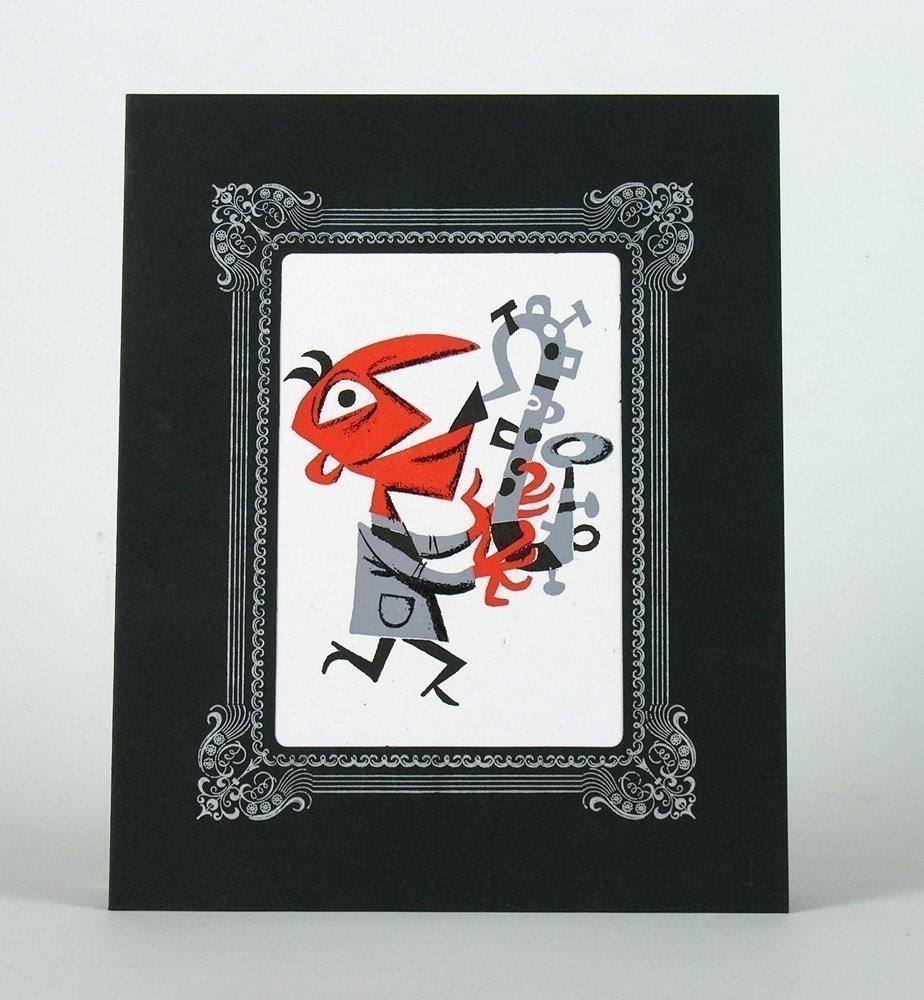 JIM FLORA Red SAXOPHONE Man Letterpress Print in a Black Letterpress Vignette Mat