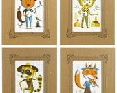 4 Old Time PICKIN CRITTER MUSICIANS Matted Letterpress Prints: fox, owl, raccoon, and beaver in kraft vignettes