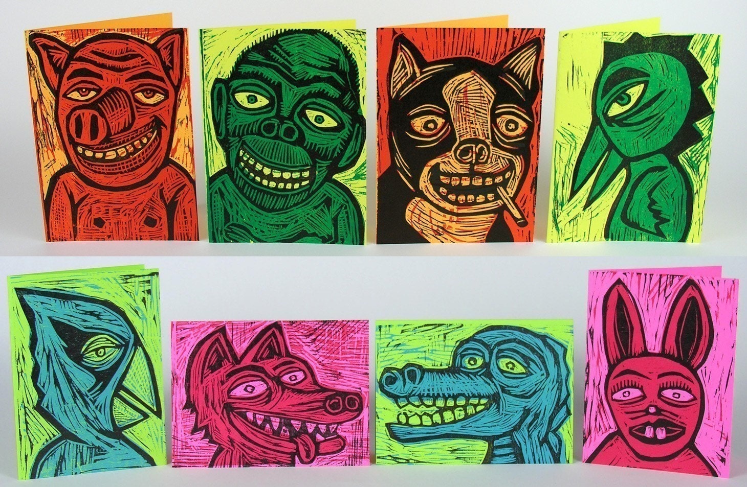 SEAN STARWARS's Grinnin' Critter Woodcut Hand Printed Letterpress Cards - 8 Pack