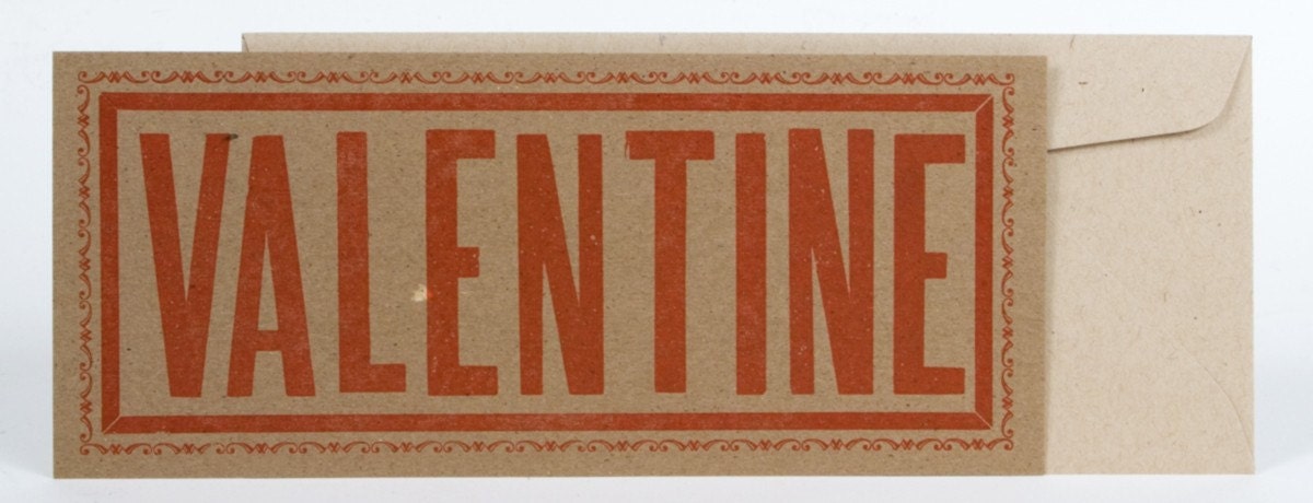 8 VALENTINE CARDS with Envelopes Red Ink on Kraft Cardstock Hand Printed Letterpress Wood Type