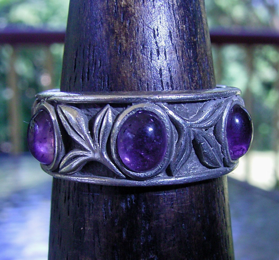 Art Nouveau hand made amethyst 3 cabochon sterling silver ring