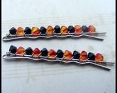 Beaded Bobby Pins with Wire Wrapped Swarovski Crystals in Jet and Fire Opal