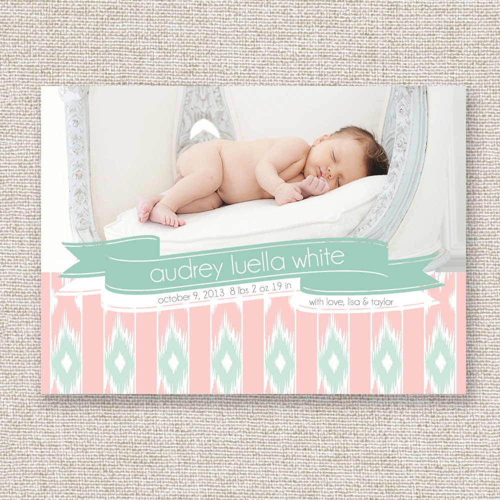 Baby Girl Birth Announcement Ikat Modern Photo Birth Announcement