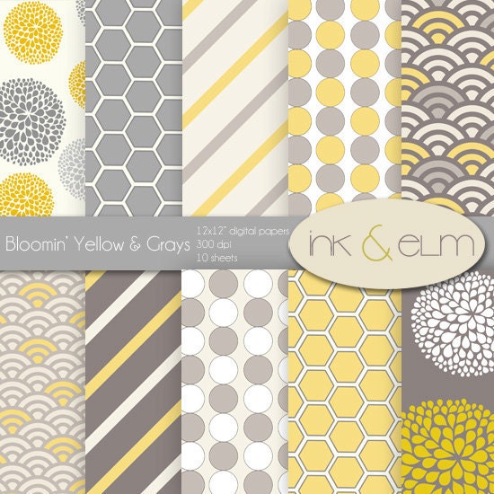 Digital Paper Yellow and Gray,  Yellow and Gray Backgrounds, Digital Scrapbook Paper, Yellow Gray Scrapbook Paper, Papers, Modern Paper pack