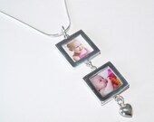 Silver Stacked Double Frame Necklace with Sterling Silver Heart Charm