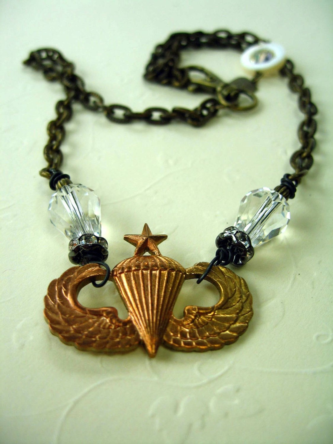 Paratrooper, Vintage Military Assemblage Necklace, Balloon, Crystals, Star, Wings