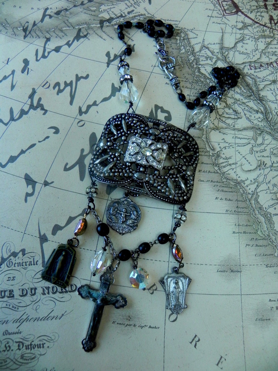 Vintage Shoe Buckle Rosary Necklace, Necklace Assemblage, choker, Vintage Religious Medals