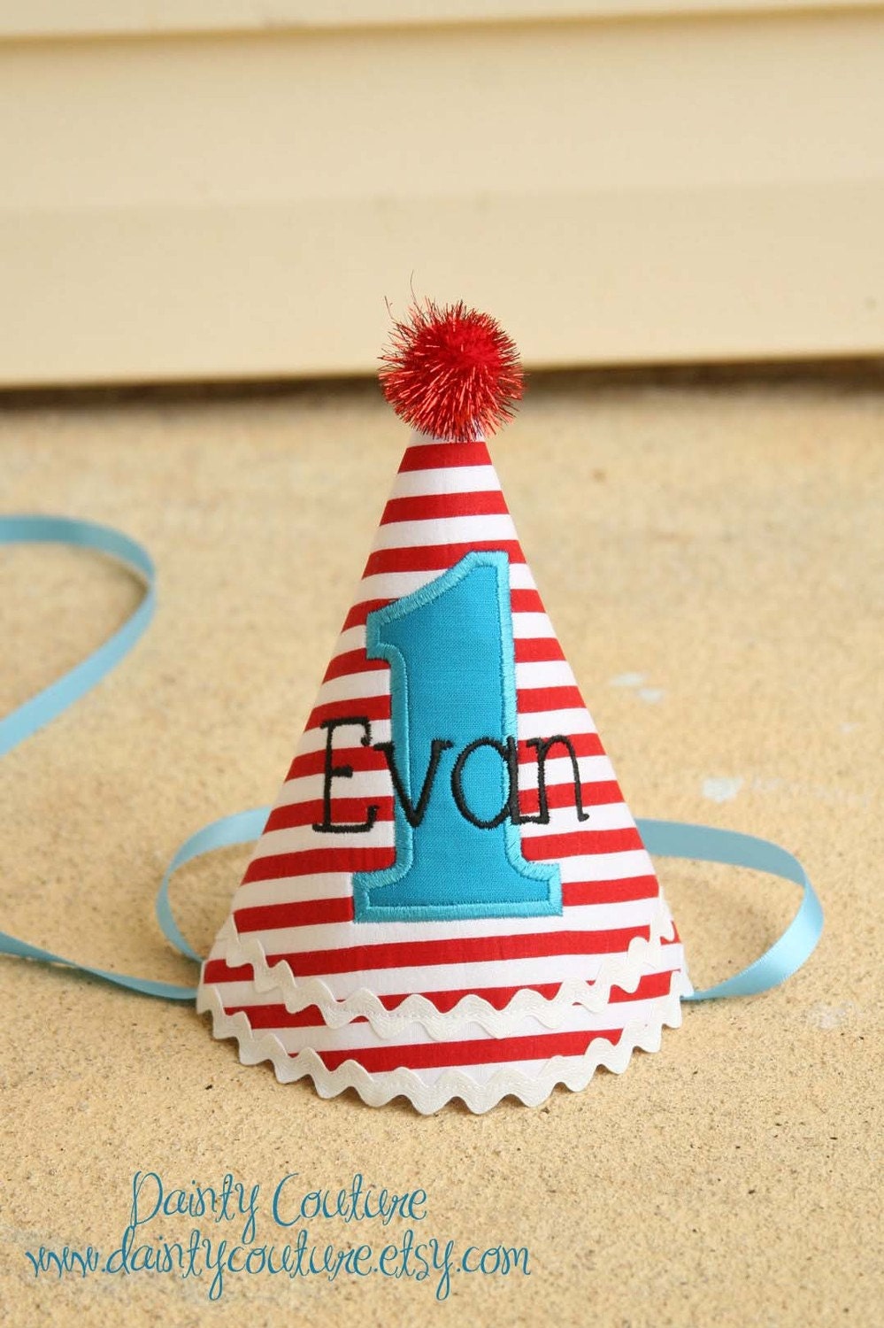 Boys first birthday hat - Dr. Seuss theme - Red and white stripes - Free personalization - Keepsake
