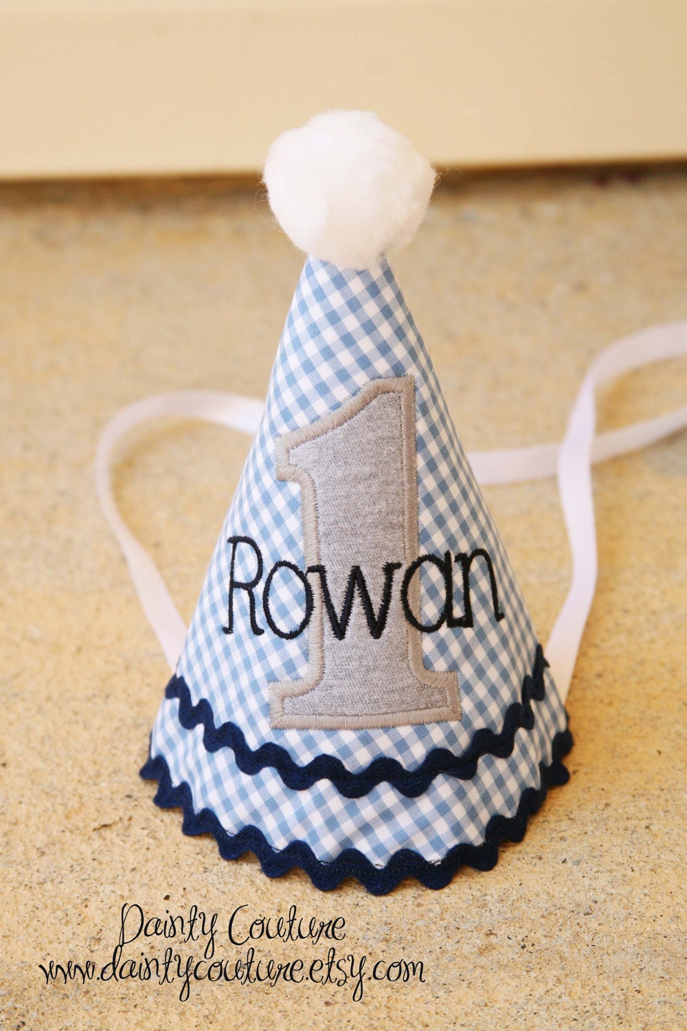 Boys First Birthday Party Hat - Blue gingham with navy, grey, and white accents - Free personalization