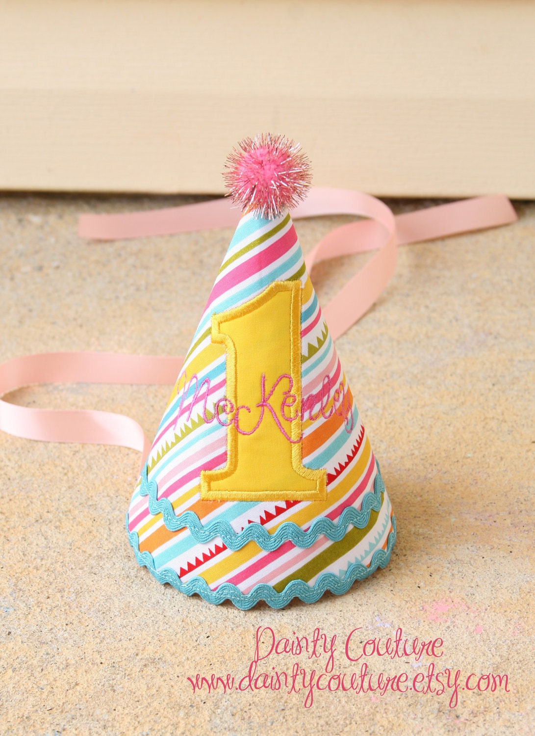 First Birthday Party Hat Personalized - Sunny stripes in yellow, aqua, pink, and green - Free personalization