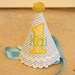 Boys 1st Birthday Party Hat - Yellow Rubber Ducky theme on blue and white stripes with yellow and green - Free personalization