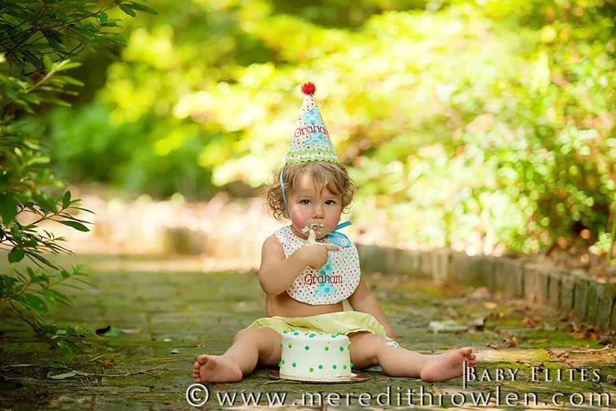 Boys First Birthday Party Hat - Soft yellow and white stripes with light blue and white dots and green monogram - Free personalization