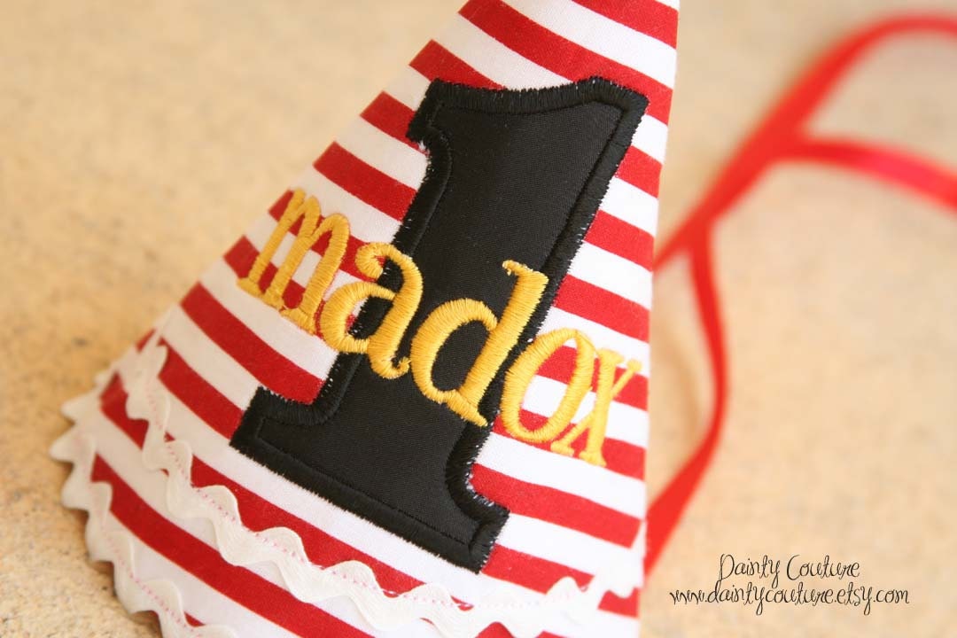 Boys 1st Birthday Party Hat - Pirate theme in red and white stripes with black and yellow - Free personalization