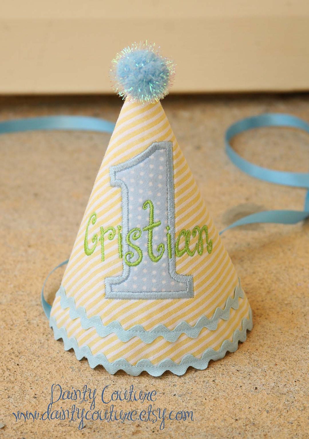 Boys First Birthday Party Hat - Soft yellow and white stripes with light blue and white dots and green monogram - Free personalization