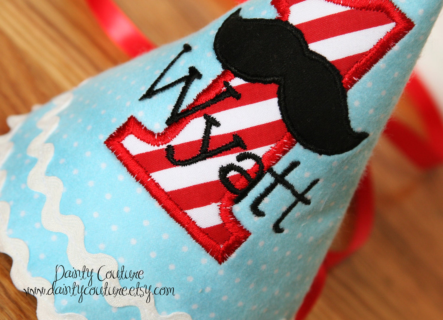 Boys First Birthday Mustache Hat - Cute hat in blue/light aqua, red and white stripes - Free personalization