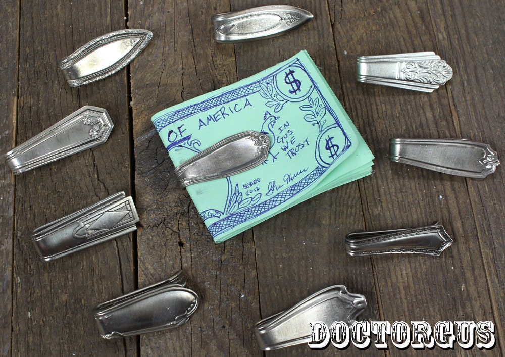 5 Piece Sterling Silver Plated Spoon MONEY CLIP Assortment - Recycled Antique Silverware By DoctorGus - Great Gift for DAD