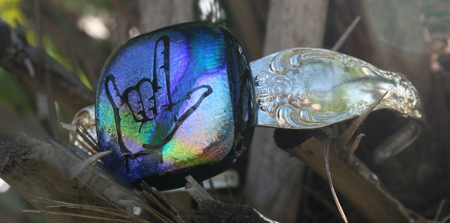 I LOVE YOU---Sign Language--- Dichroic Silver Spoon Cuff Bracelet -- Art Glass By YM