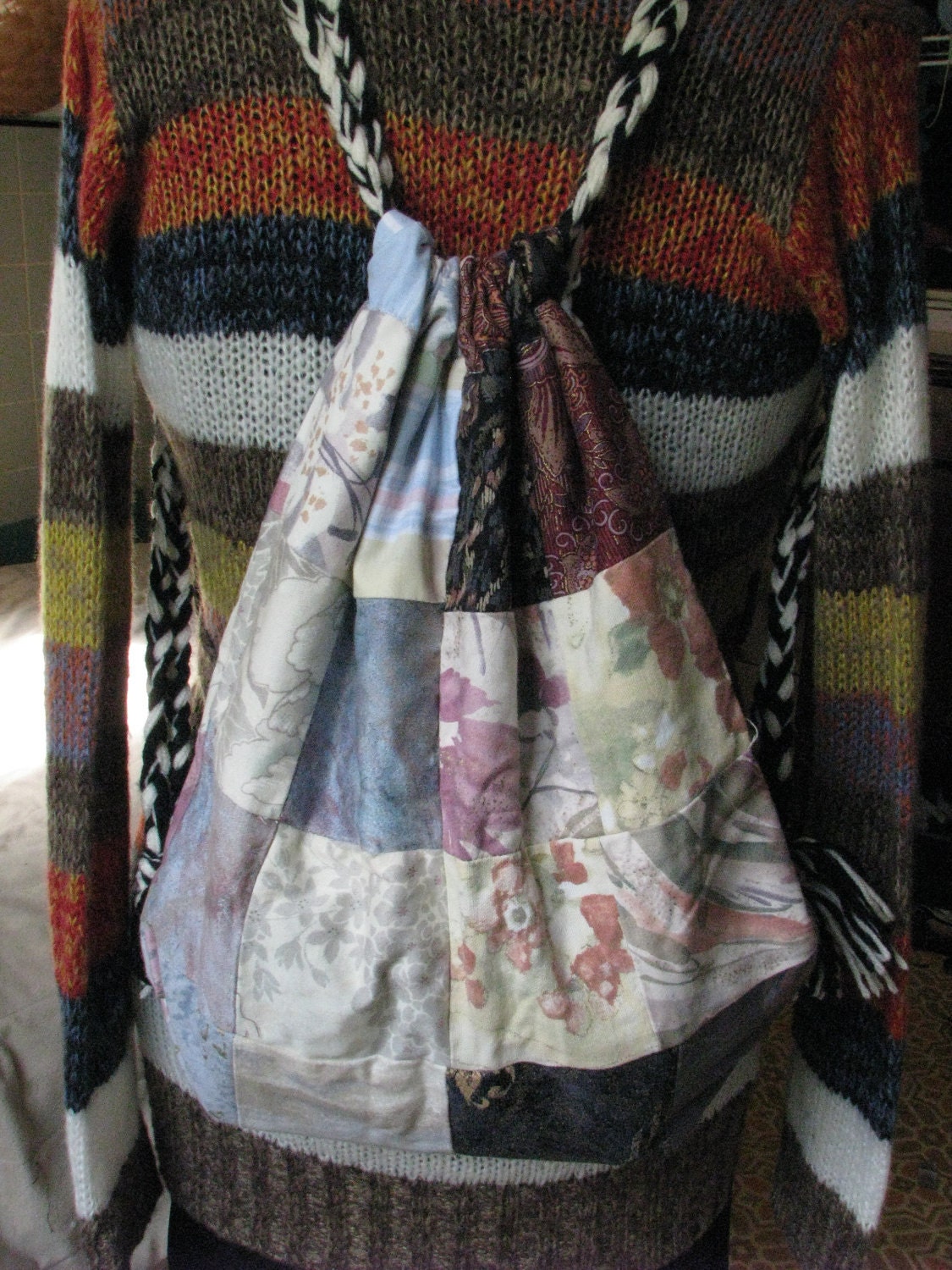 Quilted Crazy Patch Drawstring Bag