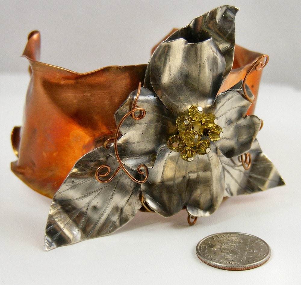 Dogwood Cuff Bracelet Silver Copper Flower Floral Crystal