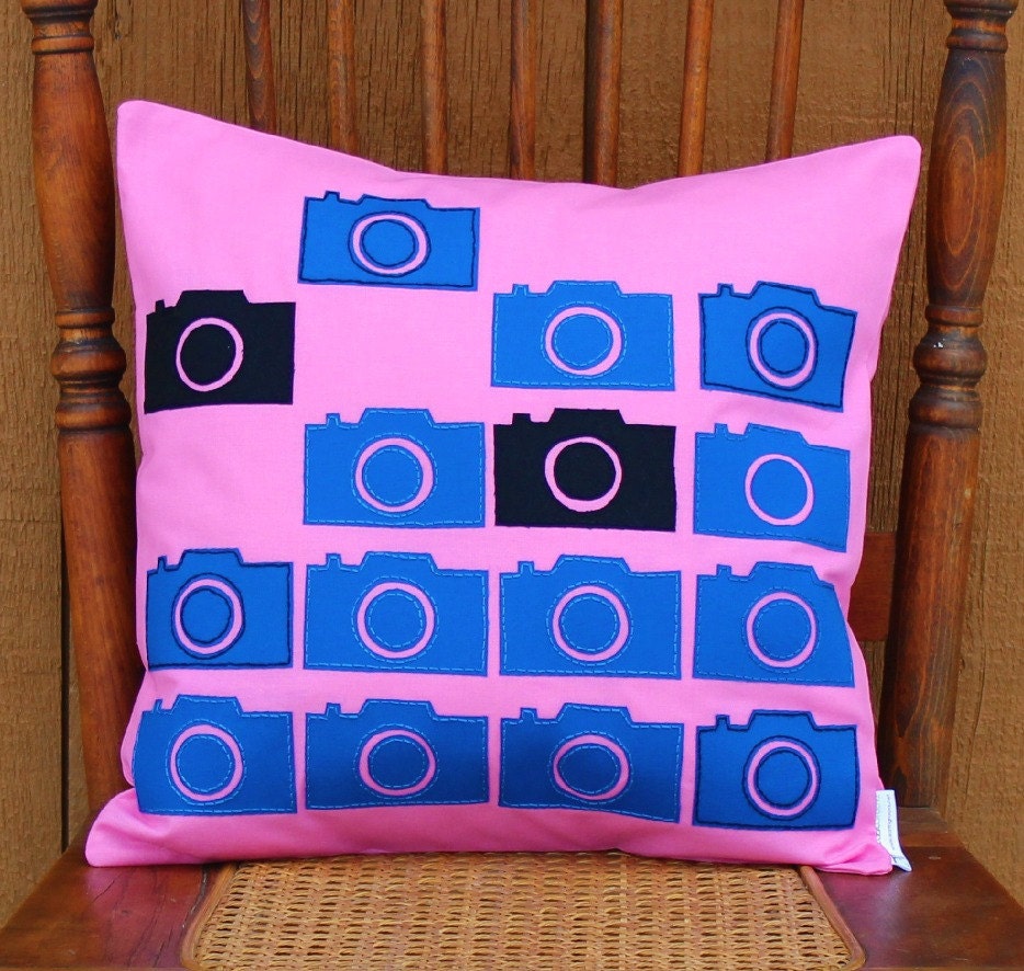 Camera Cascade Applique Pillow Cover--14 x 14--Royal Blue and Black on Pink
