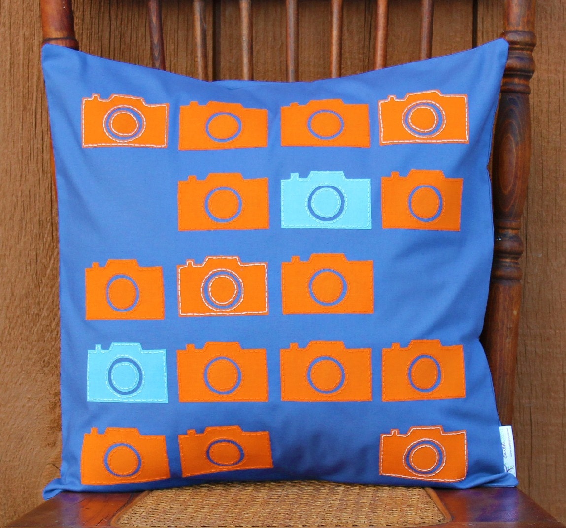 Camera Cascade Applique Pillow Cover-- 16 x 16-- Orange and Aqua Blue on Gray