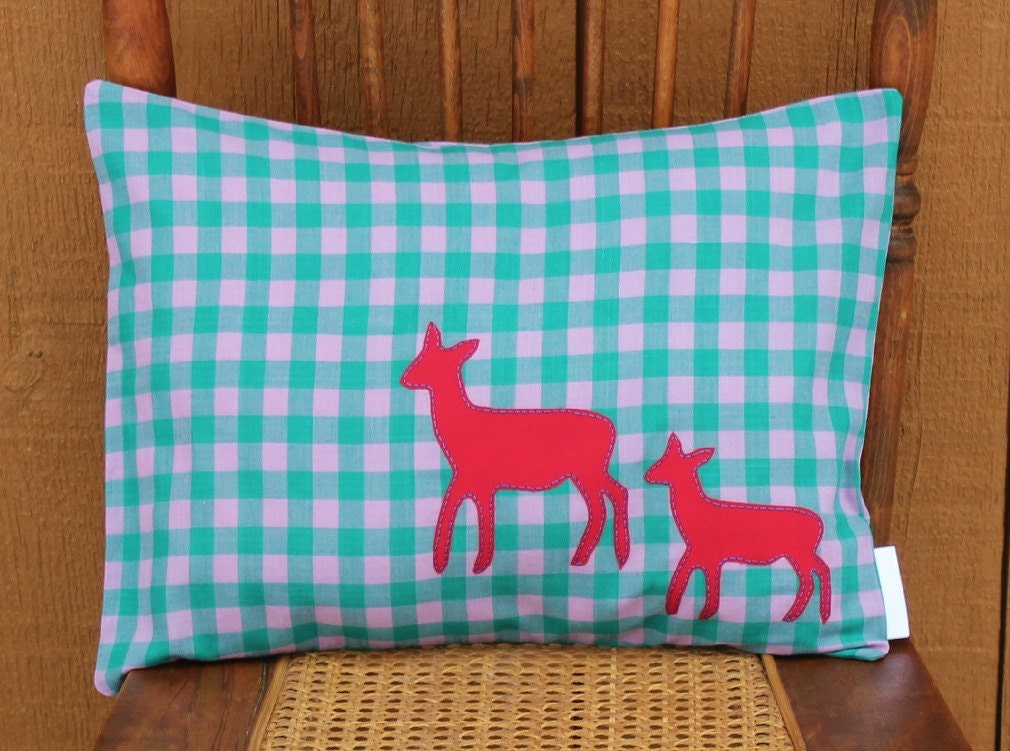 Doe & Fawn on Woven Plaid Applique Pillow Cover-12 x 16