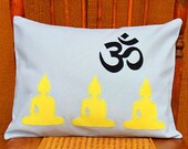 Lemon Yellow Buddhas on Gray Linen Applique Pillow Cover--12x16