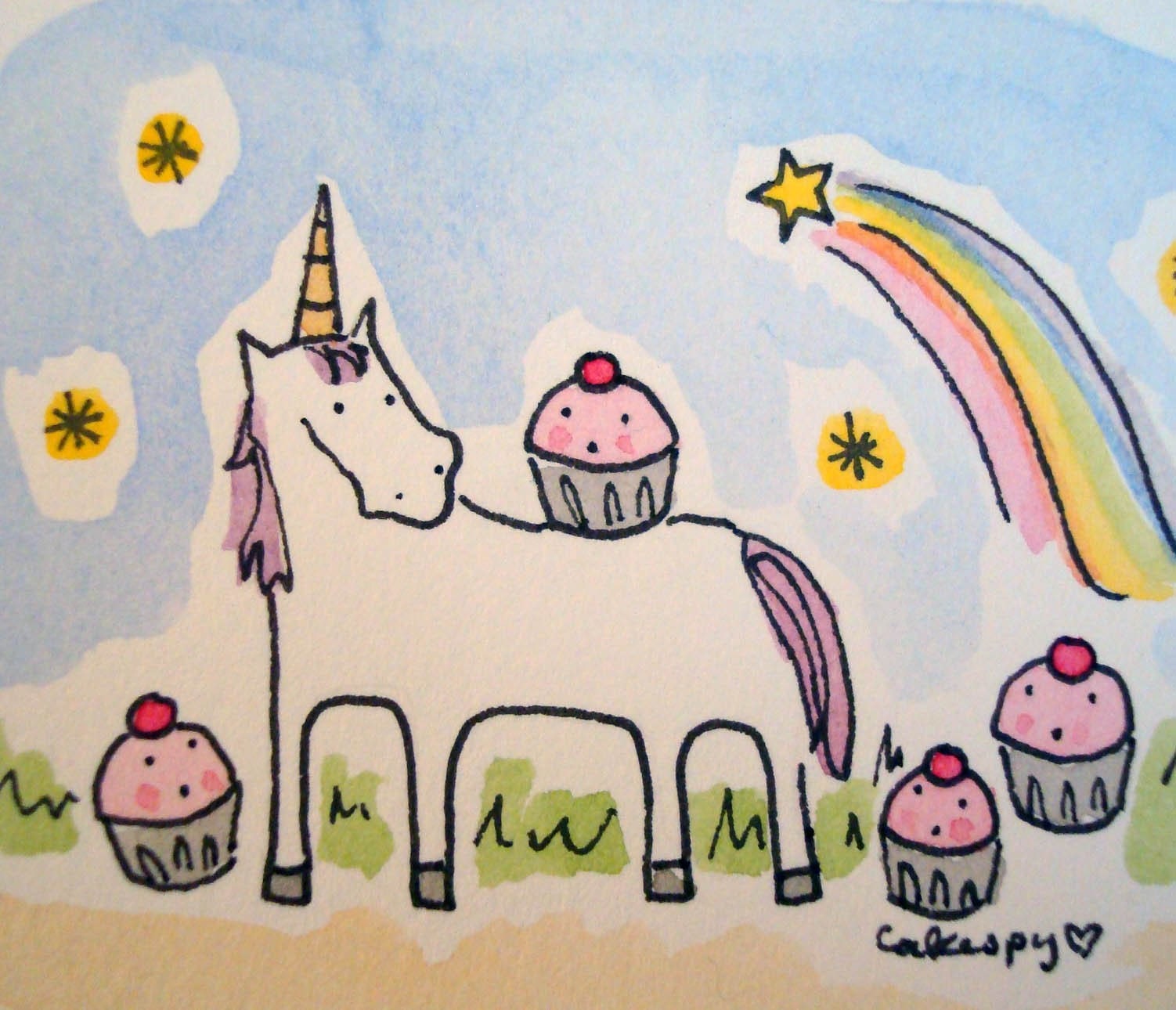 Original Mini Watercolor Painting Cupcake and Unicorn