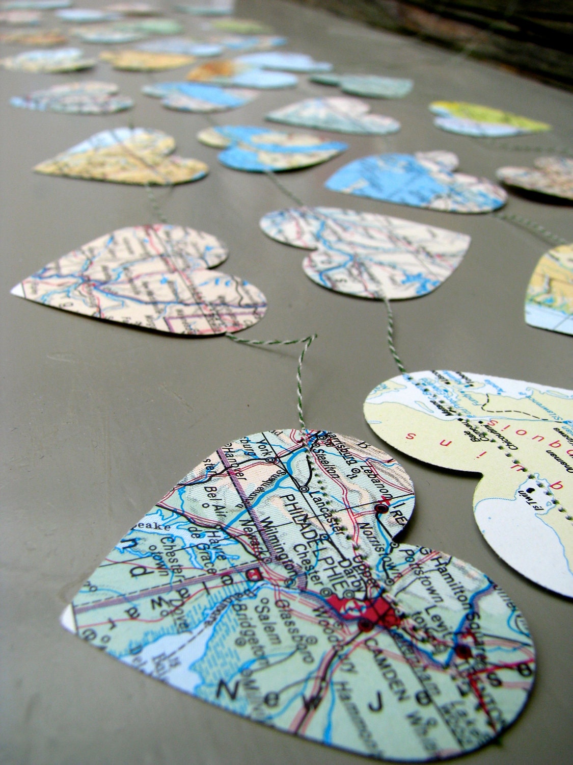 SALE - Vintage Maps Paper Garland with Hearts, 9 FEET LONG