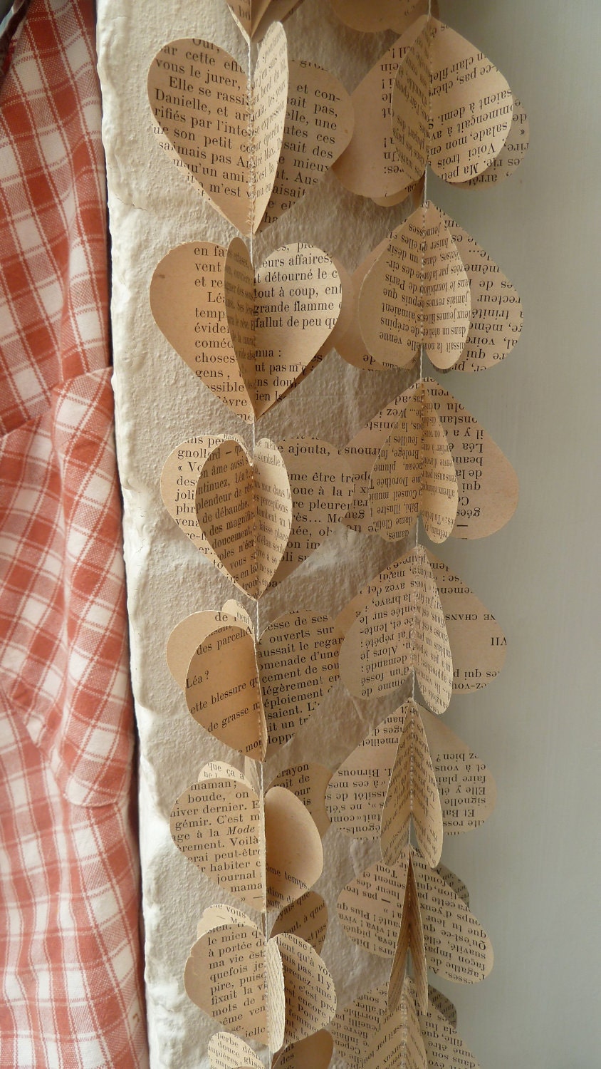 SALE Paper Garland, FRENCH HEARTS, Heart Garland, Wedding garland, Birthday Party Garland, with Merino wool felt ball