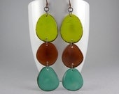 Lime Green, Chocolate Brown, and Robins egg Blue Shoulder Duster Trio of Tagua Nut Eco Friendly Earrings with Free Shipping