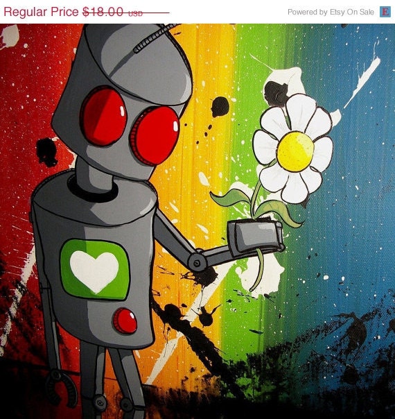 WEEKEND SALE - Cute Robot Print Comic Art by Mike Best - I love you... Do you love me...