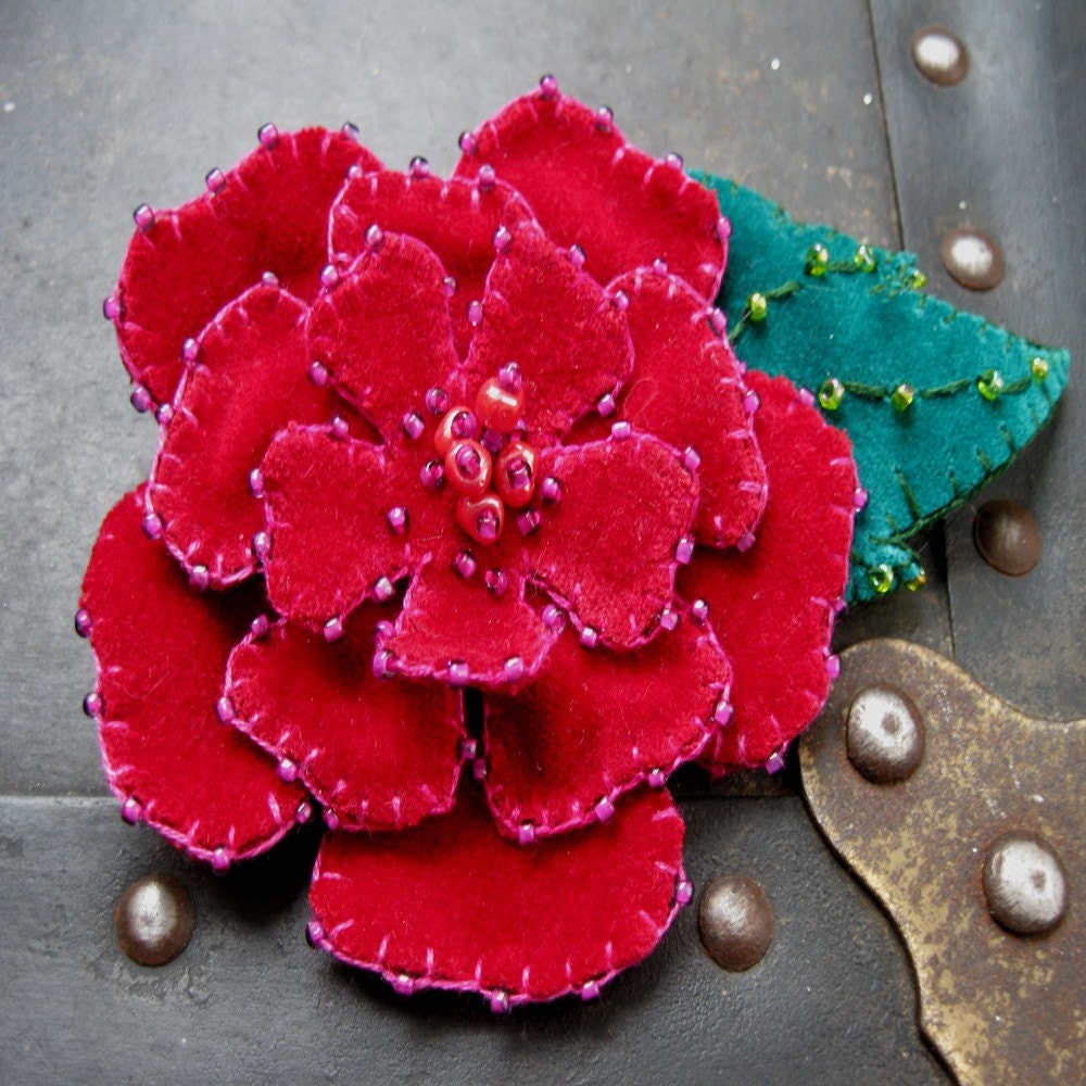 Large Red Red Rose Velvet Brooch