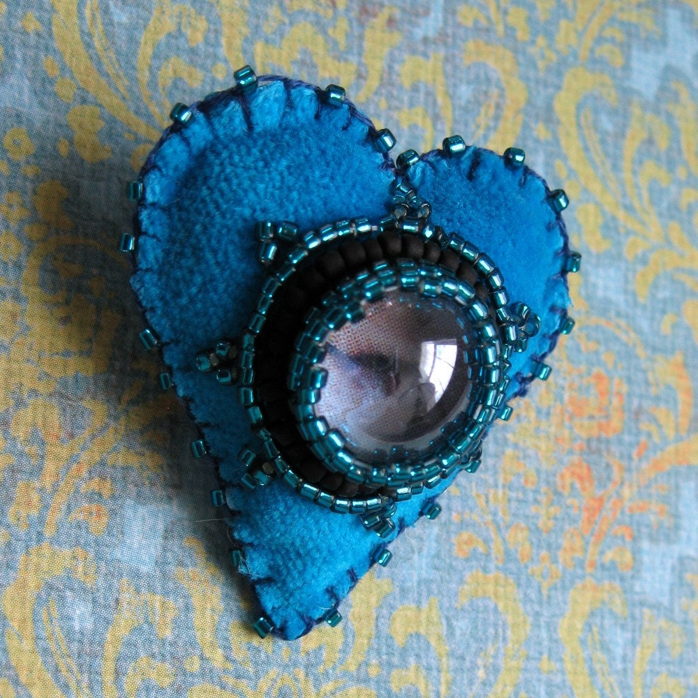 SALE Small Turquois Blue Eye Love You Velvet Brooch FREE SHIPPING