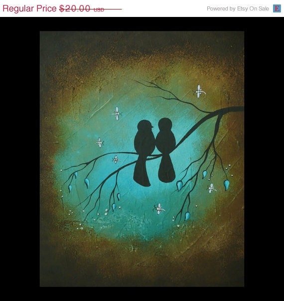50%SALE - Whimsical Birds and Dragonflies Art Print ---  Lovebirds - 8x10