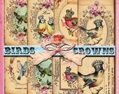 INSTANT DIGITAL DOWNLOAD - Antique Birds Crowns Roses - Set of 9 Grungy Vintage Original Designs - Printable - Gift Tag - Scrapbooking