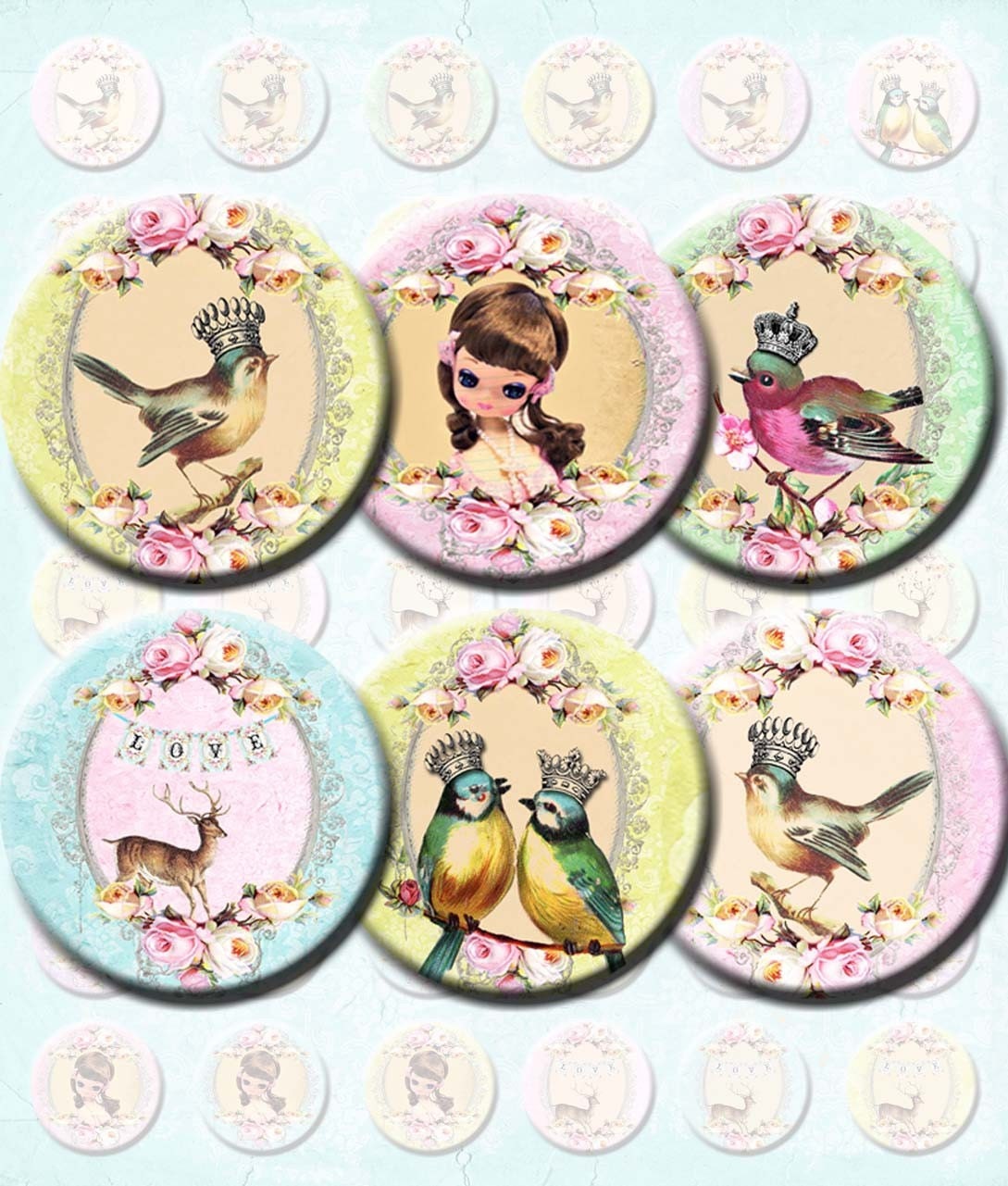 INSTANT DIGITAL DOWNLOAD - Big Eyed Pose Dolls Bird Queens and Deer - Printable 1 Inch Circles - Jewelry - Vintage Victorian Mod Retro