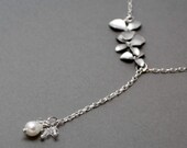 Silver orchid bridal lariat necklace with a white pearl and Swarovski crystals
