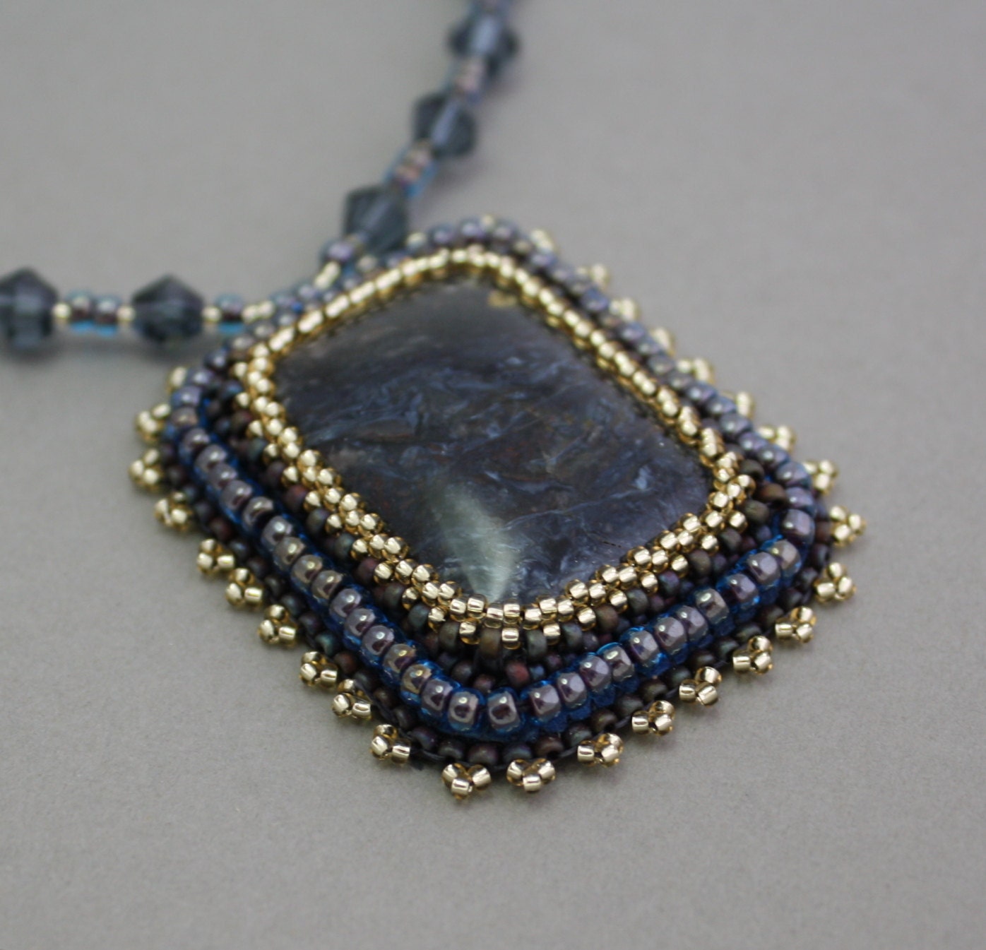 MIDNIGHT rare pietersite stone bead embroidered necklace