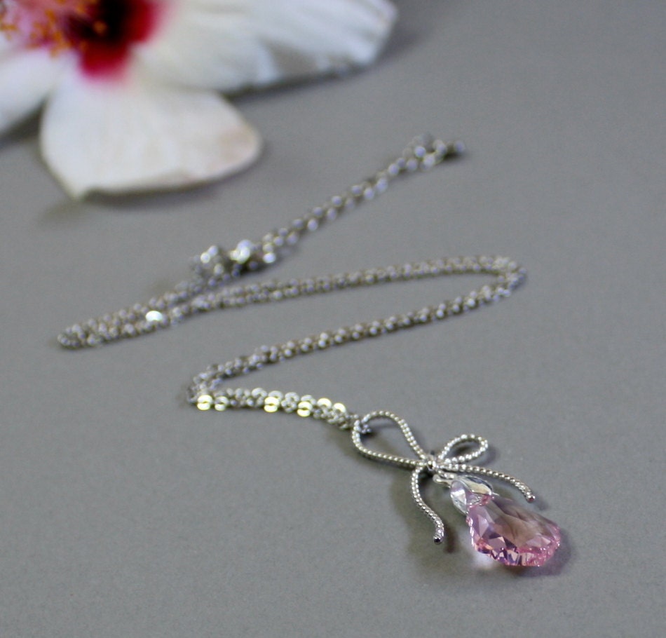 Romantic silver bow tie and pink Swarovski crystal necklace